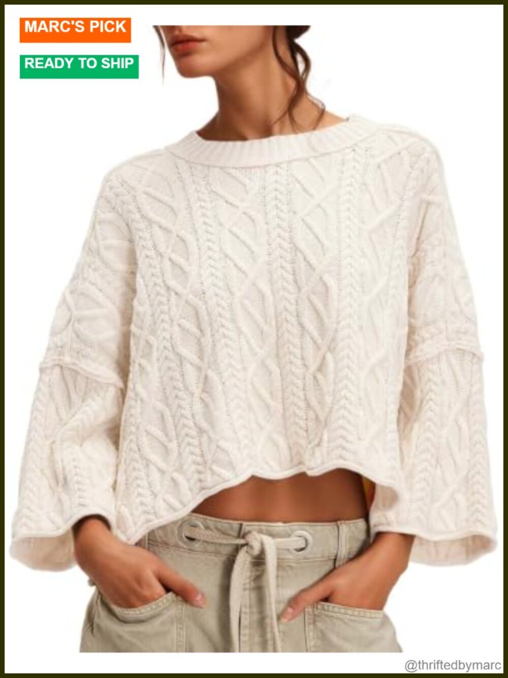 Cable Knit Cropped Sweater Oversized Long Sleeve Pullover Crew Neck - Women's